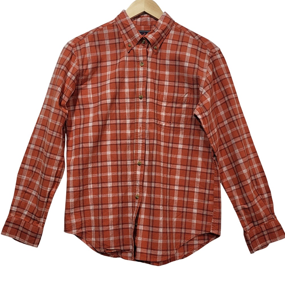 Roper Mens Plaid Button Down Shirt Orange White Long Sleeve Cotton Size Medium